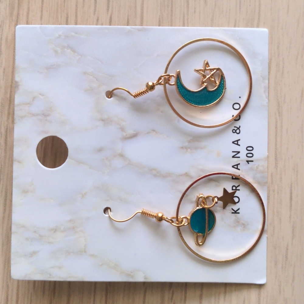 Dangling earrings, Saturn, stars, moon